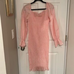 Pink Gingham Shirred Midi Dress